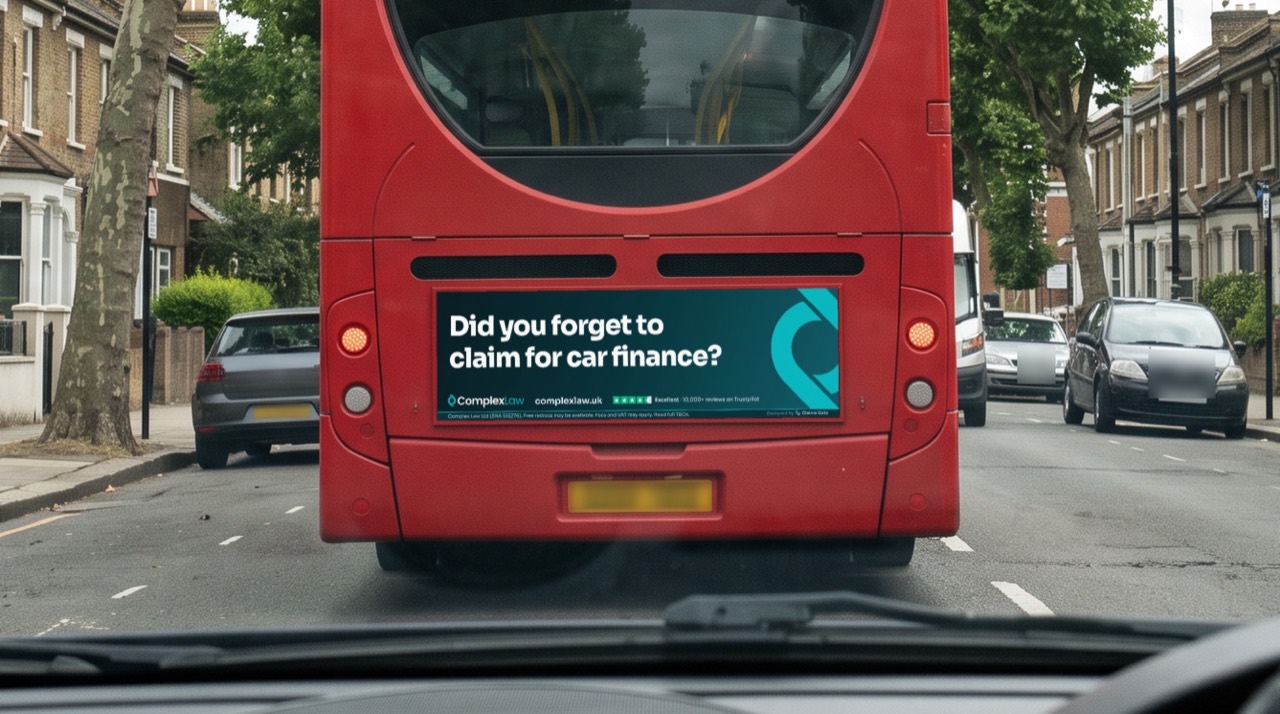The back of a London bus, seen from the car behind: “Did you forget to claim for car finance?”