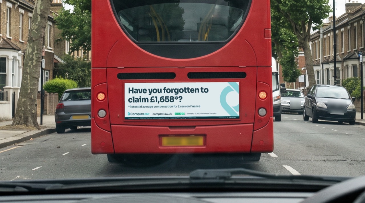 The back of a London bus, seen from the car behind: “Have you forgotten to claim £1,658*?” (*potential average compensation for 2 cars on finance)