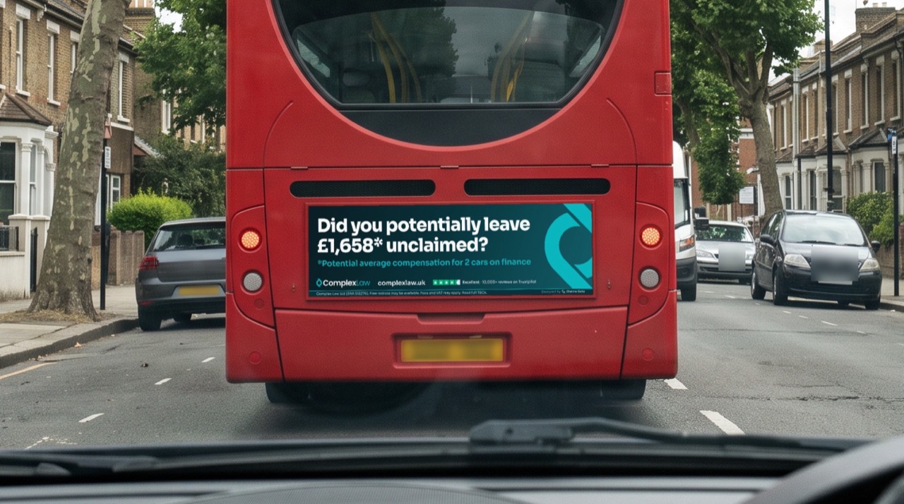 The back of a London bus, seen from the car behind: “Did you potentially leave £1,658* unclaimed?” (*potential average compensation for 2 cars on finance)